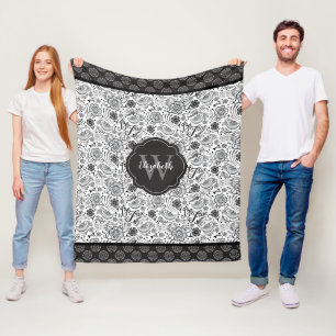 Couverture Polaire Élégant Monogramme floral noir blanc