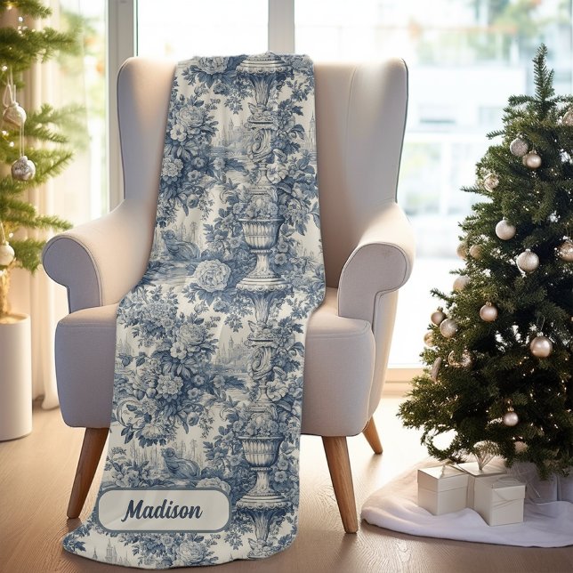 Couverture Polaire Élégant monogramme vintage Blue toile de jouy (Créateur téléchargé)