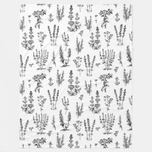 Couverture Polaire Élégant Motif de jardin de plantes blanches noires