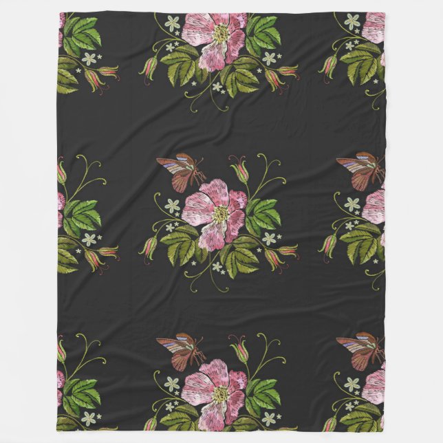 Couverture Polaire Élégant Motif floral broderie Arrière - plan noir (Devant)
