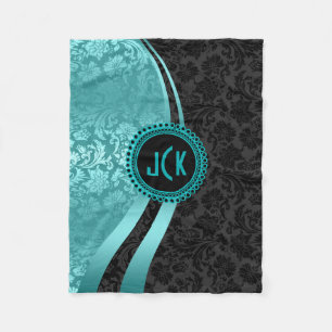 Couverture Polaire Élégant noir et turquoise Damas Floral Monogramme