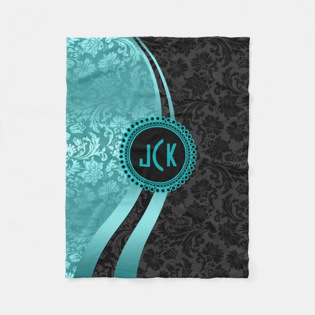 Couverture Polaire Élégant noir et turquoise Damas Floral Monogramme (Devant)