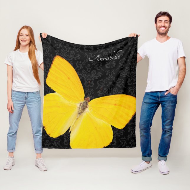 Couverture Polaire Elégant Papillon jaune Noir Damas Ajouter un nom (En situation)