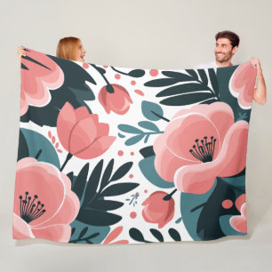 Couverture Polaire Élégant rose floral et feuilles vert profond