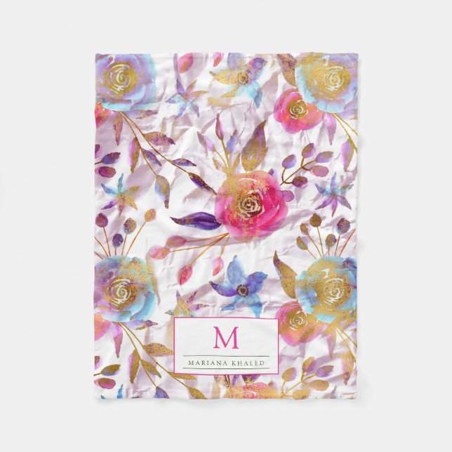 Couverture Polaire Elégante aquarelle fleurie rose et blanc (Devant)