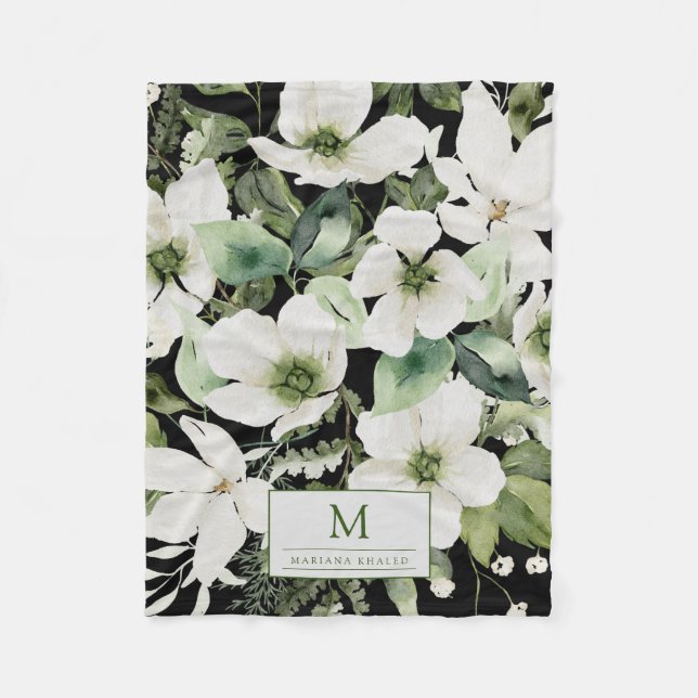 Couverture Polaire Elégante aquarelle florale noir et blanc (Devant)