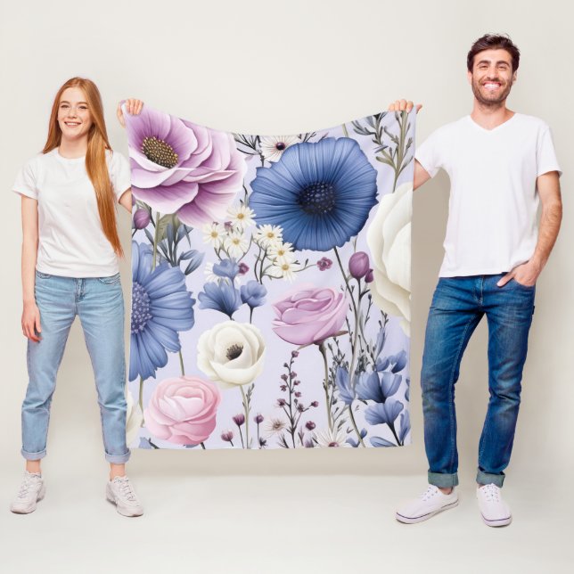 Couverture Polaire Elégante Lavande Bleu Fleur Jardin Floral (En situation)