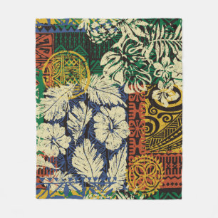 Couverture Polaire Éléments tribaux hawaïens et tissu hibiscus