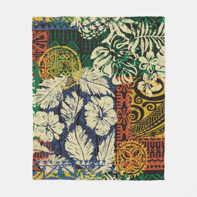 Couverture Polaire Éléments tribaux hawaïens et tissu hibiscus (Devant)