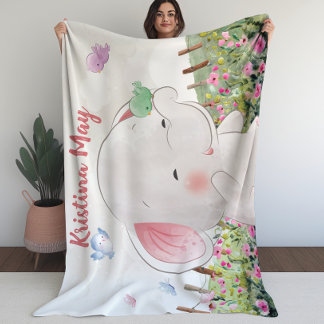Couverture Polaire Eléphant blanc avec oiseaux Blush Floral