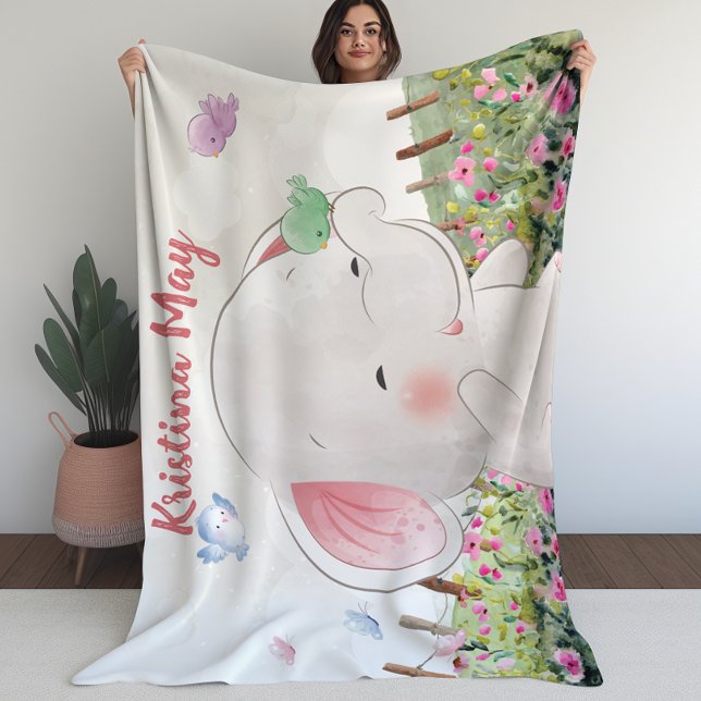 Couverture Polaire Eléphant blanc avec oiseaux Blush Floral (Kid’s Blanket Elephant with Birds Blush Floral)