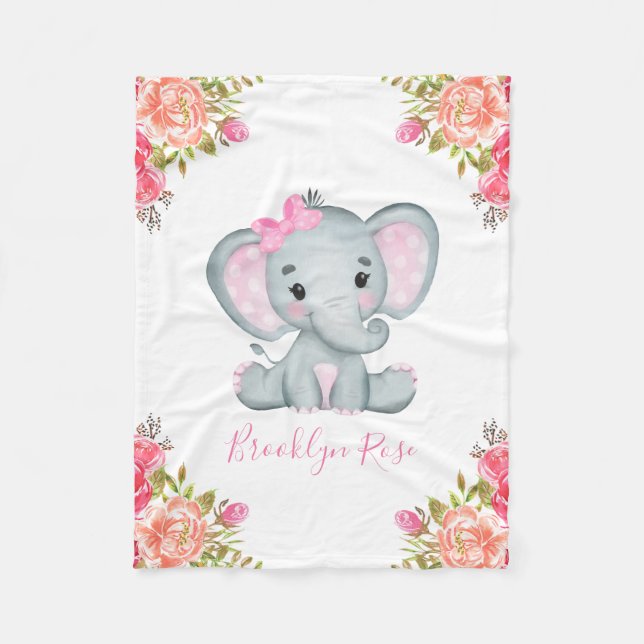 Couverture Polaire Eléphant floral personnalisé bébé fille (Devant)