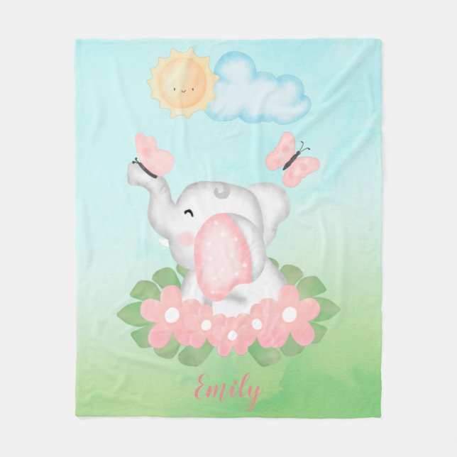 Couverture Polaire Eléphant mignon bébé avec fleurs roses (Devant)
