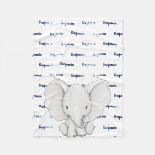 Couverture Polaire Éléphant Personnalisé Navy Nom Bleu Garçon (Devant)