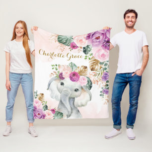 Couverture Polaire Eléphant tropical doux de Boho Blush Floral violet