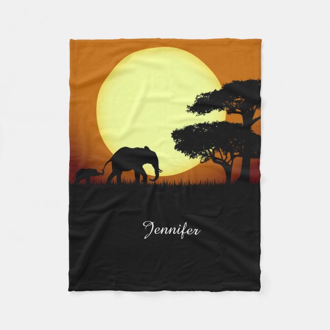 Couverture Polaire Éléphants de safari au coucher du soleil (Devant)