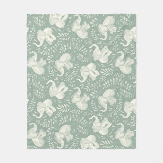 Couverture Polaire Eléphants riants mignons en Crème et Vert Sage (Devant)