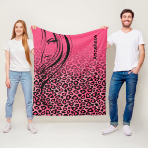 Couverture Polaire Empreinte de léopard rose et noir avec fille Silh