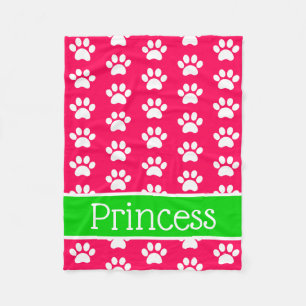 Couverture Polaire Empreintes de pattes blancs sur rose avec vert per