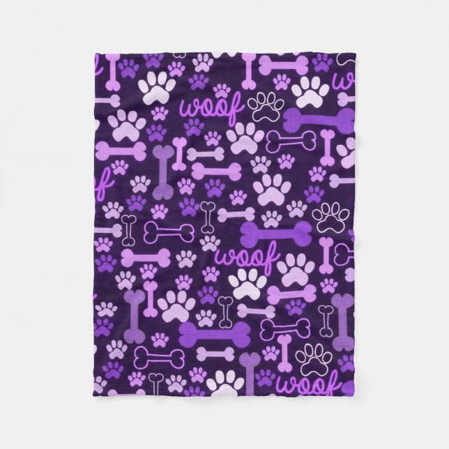 Couverture Polaire Empreintes de pattes et os roses et violets (Devant)
