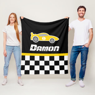 Couverture Polaire Enfants voiture jaune à damiers drapeau nom couver