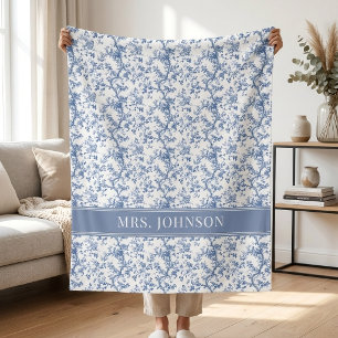 Couverture Polaire Enseignante Élégante Chinoiserie Fleurie Bleue M