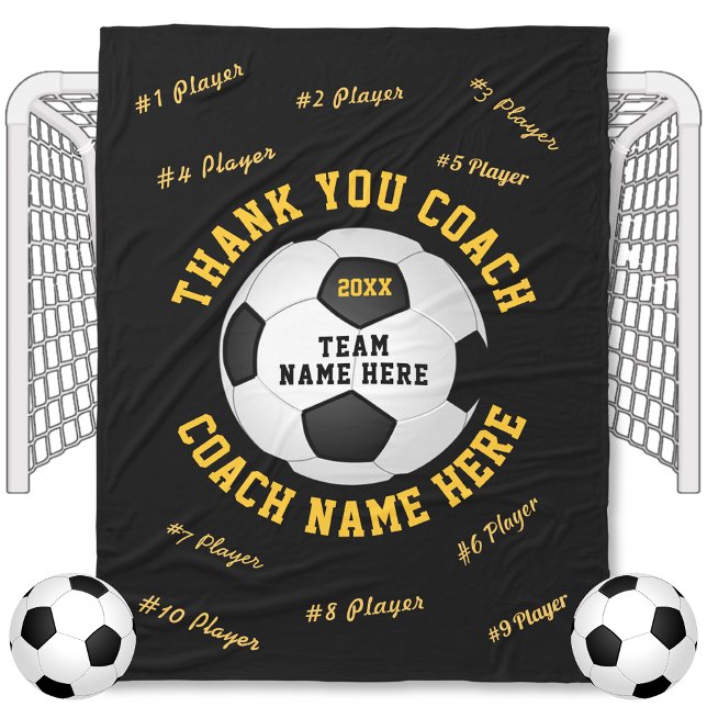 Couverture Polaire Entraîneur de football présent dans vos couleurs C (Black and Gold, Personalized, Gifts for Soccer Coaches. Soccer Coach gifts with all Players Names.)