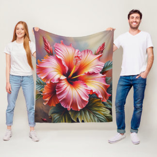 Couverture Polaire Épais velours tropical à fleurs d'Hibiscus rose