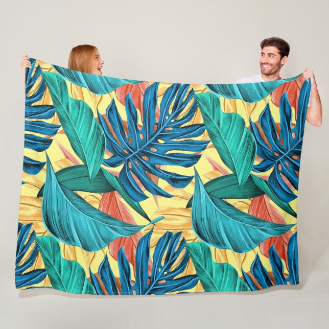 Couverture Polaire Exotic Tropical Leaves on Lemon Yellow (En situation)