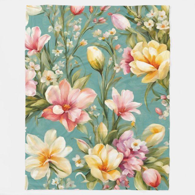 Couverture Polaire Exquise rose, Magnolia Jaune aux fleurs blanches (Devant)