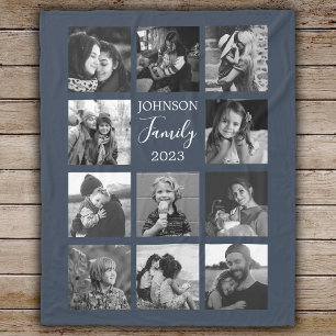 Couverture Polaire Famille 11 Photo Collage Bleu foncé Blanche polair