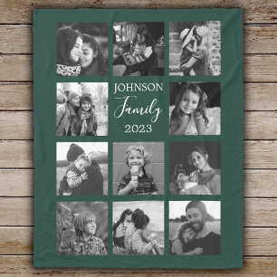 Couverture Polaire Famille 11 Photo Collage Vert foncé Blanche polair