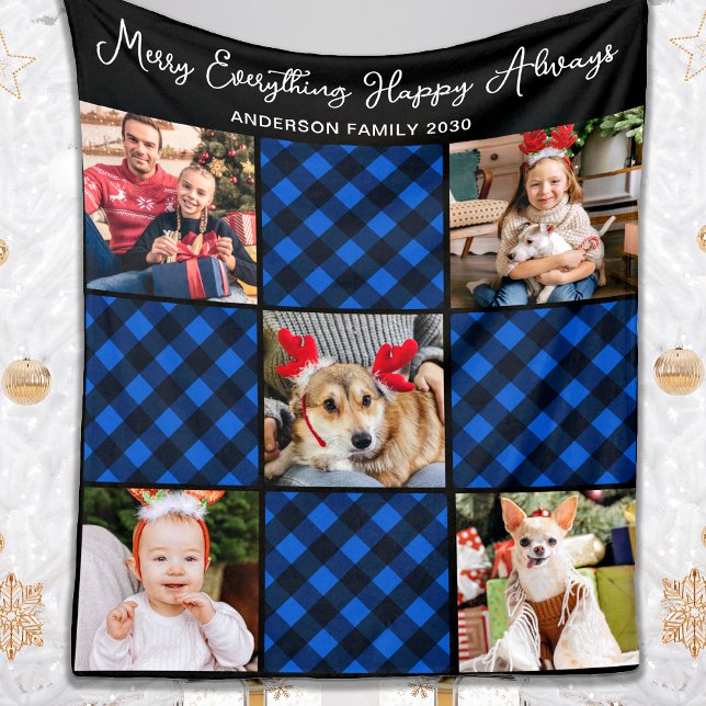 Couverture Polaire Famille 5 Photo Collage Personnalisé Bleu Plaid (Créateur téléchargé)