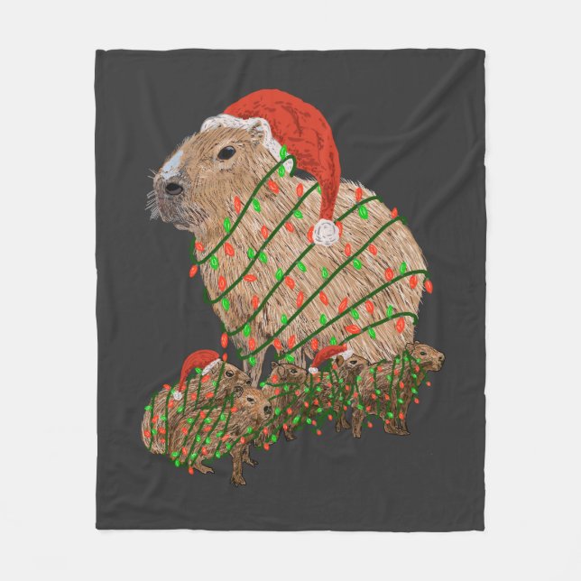 Couverture Polaire Famille Capybara de Noël enrobée de lumières (Devant)