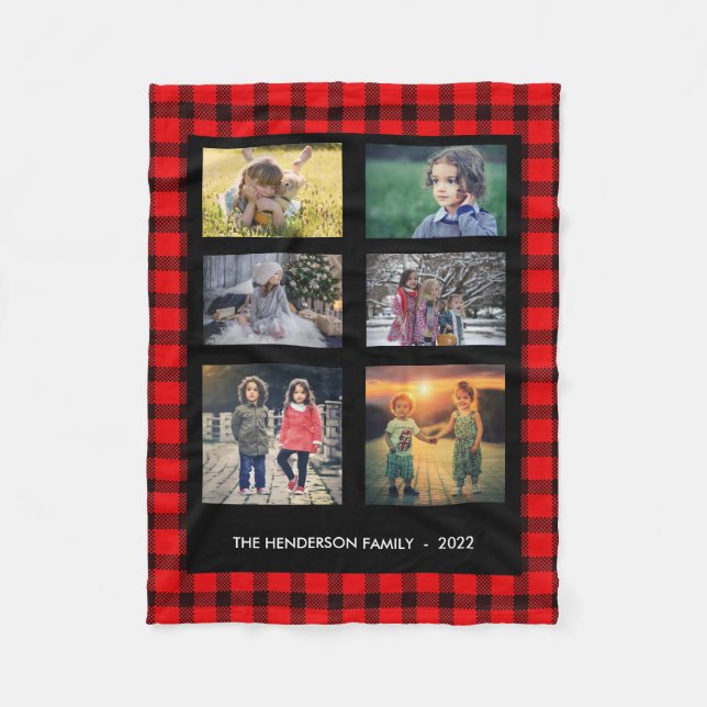 Couverture Polaire Famille de plaid noir rouge monogramme photo colla (Devant)