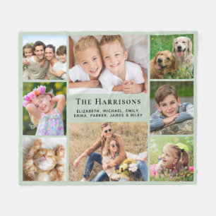 Couverture Polaire Famille Monogramme Nom 8 Photo Collage Sage Green