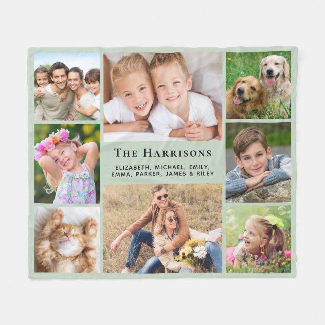 Couverture Polaire Famille Monogramme Nom 8 Photo Collage Sage Green (Devant (Horizontal))