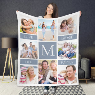 Couverture Polaire Famille Monogramme Photo Collage Dusty Blue