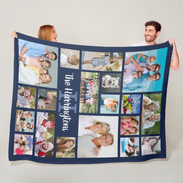 Couverture Polaire Famille Photo Collage Marine Blue Monogramme Nom (En situation)