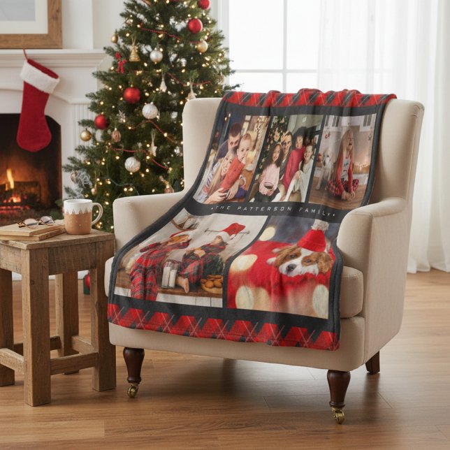 Couverture Polaire Family Name 5 Photo Collage Red Plaid Modern (Créateur téléchargé)