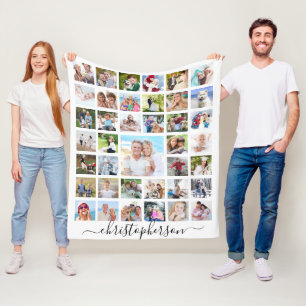 Couverture Polaire Family Script Name 39 Photo Collage Blanc