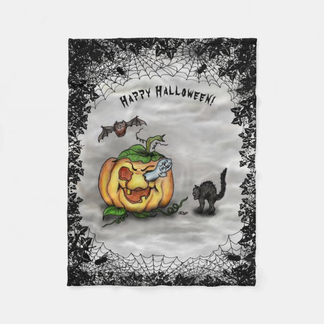 Couverture Polaire Fantôme, chauve-souris et chat, Bonne Halloween ! (Devant)