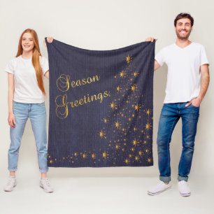 Couverture Polaire Faux Navy Blue Burlap et Gold Star Christmas Tree