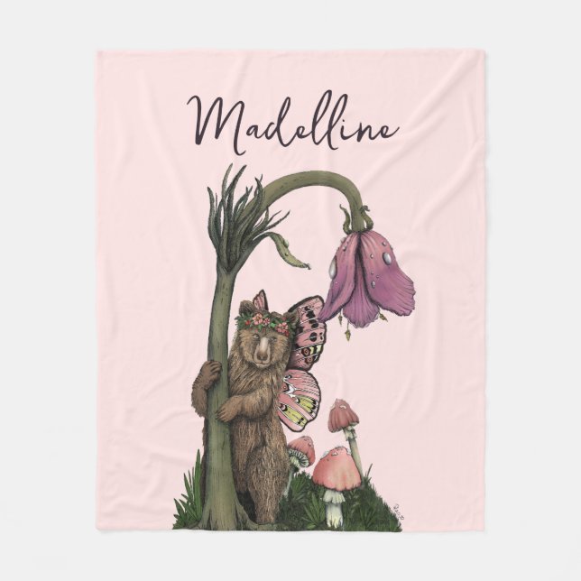 Couverture Polaire Fée d'ours rose mou dans la forêt enchantée (Devant)