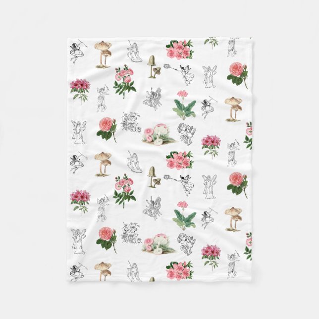 Couverture Polaire Fées Rose Floral & Champignons Motif de fées (Devant)
