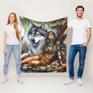 Couverture Polaire Femme autochtone avec ses compagnons de loup