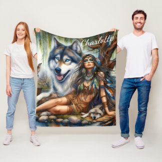 Couverture Polaire Femme autochtone avec ses compagnons de loup