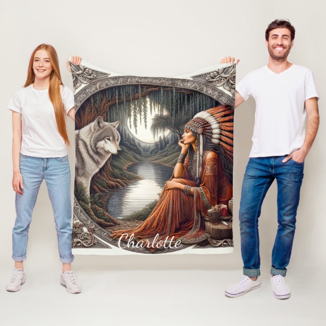 Couverture Polaire Femme autochtone avec un loup près de la rivière (En situation)