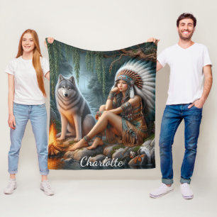 Couverture Polaire Femme autochtone et loup par le ruisseau