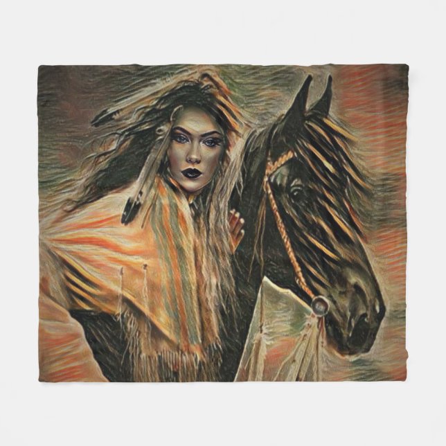 Couverture Polaire Femme de Natif américain à cheval (Devant (Horizontal))
